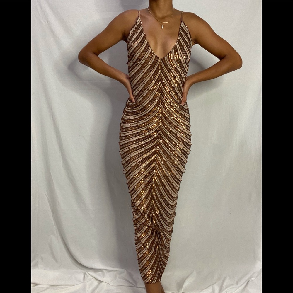 Oh Polly Rose Gold Sequin Strappy Midi Dress